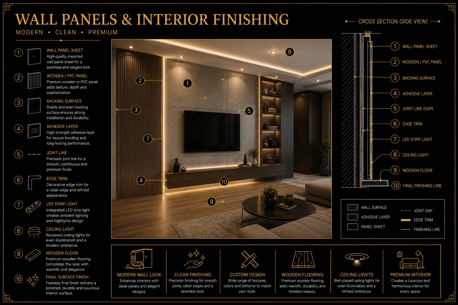 Wall panels and interior finishing technical diagram